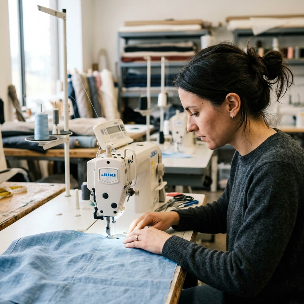 Professional seamstress sewing fabric