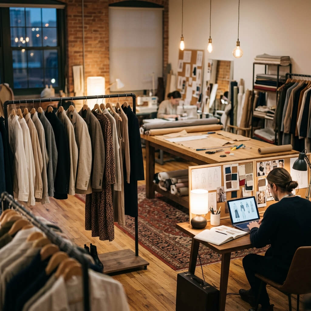 Garment studio showroom with clothing racks